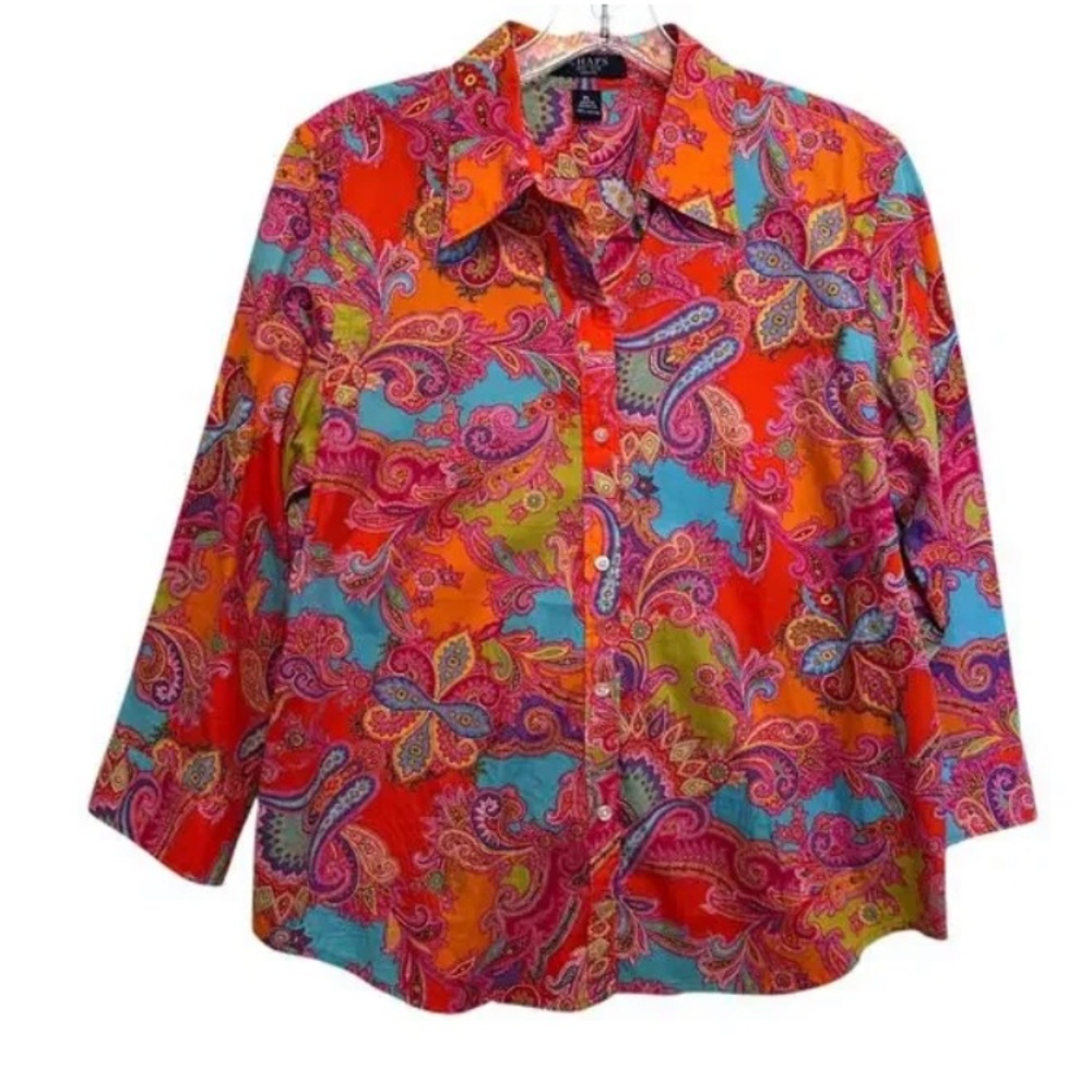 Chaps Women’s Button Down Paisley Pattern Orange Pink Multi Color Cotton Top XL